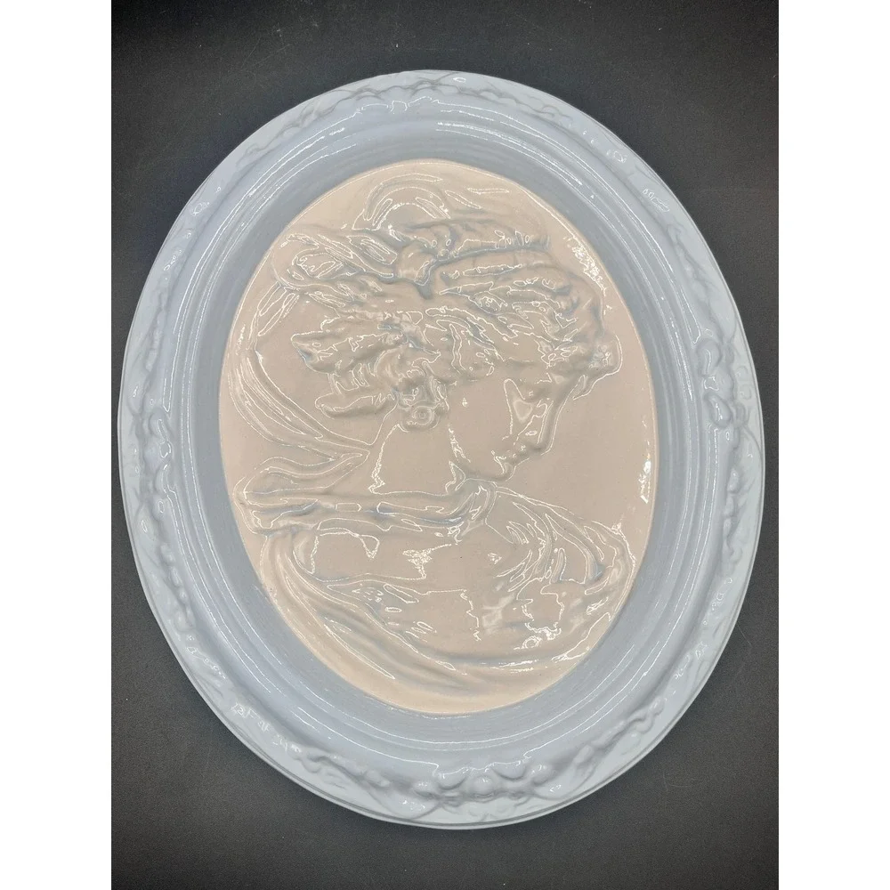 Pair Vtg Chalkware Cameo Wall Plaques Blue‎ White Oval Relief Portraits 12x10.5